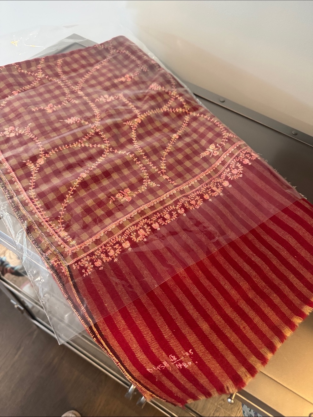 Women's red  Embroidered Check & Stripe Scarf- cashmere